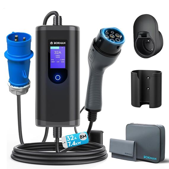 bokman Typ 2 Ladekabel mit CEE Stecker 7,4kW, 8 Meter | 6-32A | 1-Phasig | IP65 Wasserdicht, Tragbares EV-Ladegerät und Mobile Wallbox Ladestation mit Tragetasche & Mikrofaserhandtuch