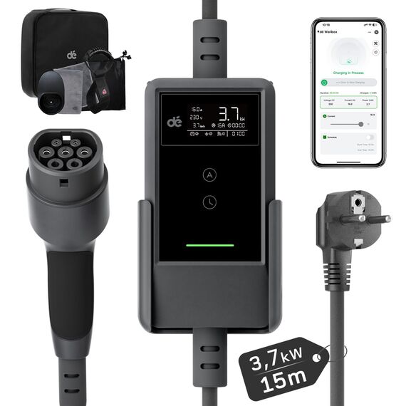dé Typ 2 Ladekabel Schuko mit APP 3,7kW [15m, 6-16A, 1-phasig] Ladekabel Typ 2 Schuko mit Digitalem LCD - EV Charger 3,7kW für e Auto ID.3/4/5/7, Model Y/3, ENYAQ und Anderen PHEV/EV