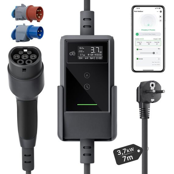 dé Typ 2 Ladekabel Schuko mit APP 3,7kW [7m, 6-16A, 1-phasig] Ladekabel Typ 2 Schuko sowie Adapter Set mit Digitalem LCD - EV Charger 3,7kW für e Auto ID.3/4/5/7, Model Y/3, ENYAQ und Anderen PHEV/EV
