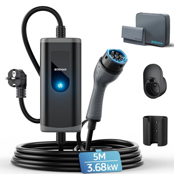 bokman Typ 2 Schuko EV-Ladegerät, 5 Meter | 16A | 3,68kW | IP65 Wasserdicht, Tragbares EV-Ladegerät für IEC 62196-2 mit Tragetasche & Mikrofaserhandtuch