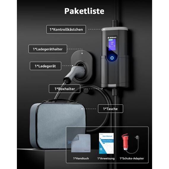 bokman Mobile Wallbox 11kW, Typ 2 Ladekabel mit CEE Stecker & Adapterkabel 5 Meter |16A | 3-Phasig | IP65 Wasserdicht, Tragbares EV-Ladegerät für IEC 62196-2 mit Tragetasche & Mikrofaserhandtuch