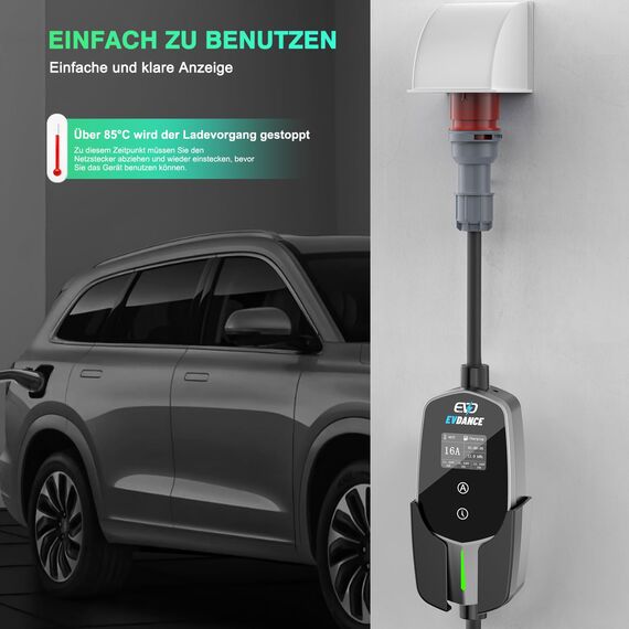 EVDANCE Mobile Wallbox 11kW [7.8m 3-Phasig 6-16A] Typ 2 Ladekabel CEE 16A auf Typ 2 mit Einstellbarer Ladeleistung für Elektroauto, Silber