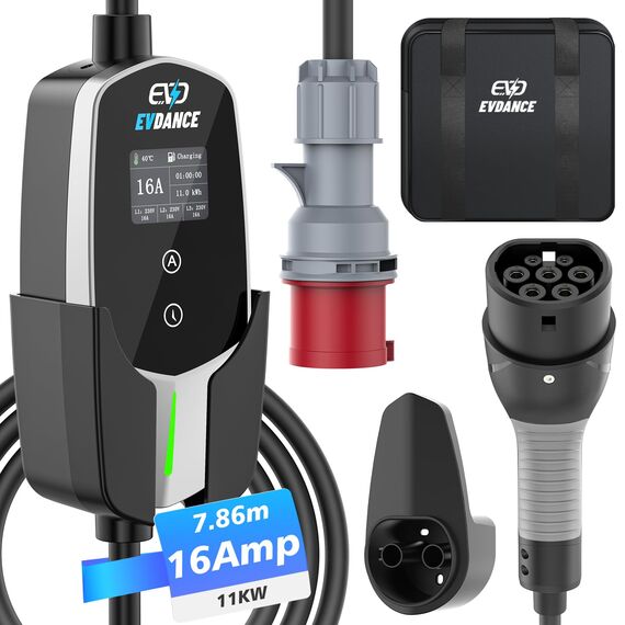 EVDANCE Mobile Wallbox 11kW [7.8m 3-Phasig 6-16A] Typ 2 Ladekabel CEE 16A auf Typ 2 mit Einstellbarer Ladeleistung für Elektroauto, Silber