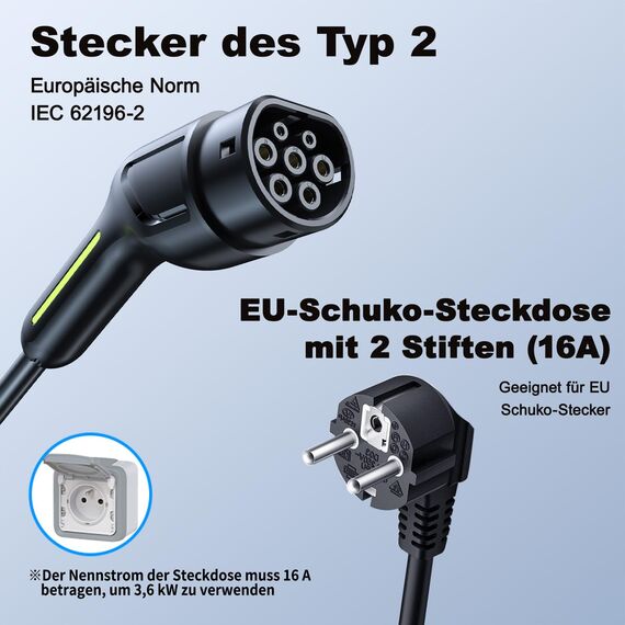 VDLPOWEREU Ladegerät für Elektrofahrzeuge, 3,6 kW, 8 m, Typ 2, Ladekabel für Elektrofahrzeuge, 8-16 A, mit EU-Stecker für EU-Steckdosen IEC 62196-2