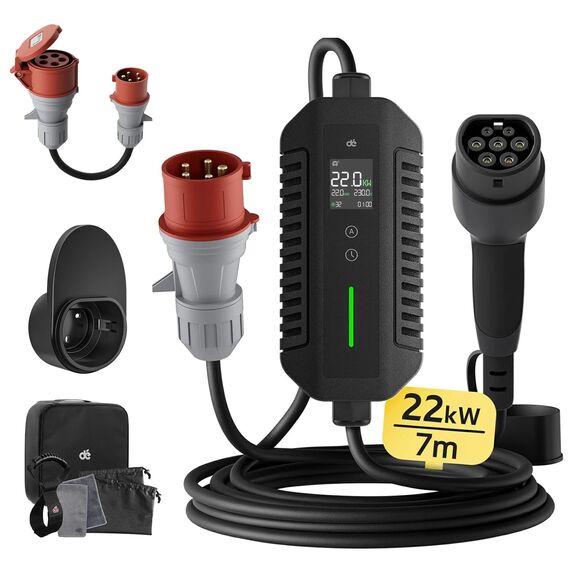 dé Mobile Wallbox/Ladestation 22kW [3-phasig|7m|6-32A] mit stromzähler, Ladekabel CEE 32A auf Typ 2 und EV Ladegerät für Model Y/3, ID.3/4/5, MG4, EX30, e-up, e-tron, Zoe und andere EV/PHEV