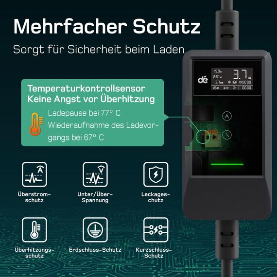 dé Typ 2 Ladekabel Schuko mit APP 3,7kW [7m, 6-16A, 1-phasig] Ladekabel Typ 2 Schuko mit Digitalem LCD - EV Charger 3,7kW für e Auto ID.3/4/5/7, Model Y/3, ENYAQ und Anderen PHEV/EV