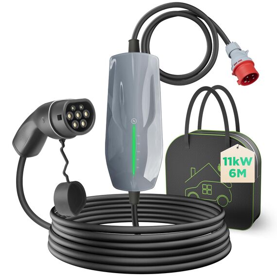 WISSENERGY Mobile Wallbox/Ladestation 11kW mit CEE Stecker, 6m | 3-phasig | 6-16A | Typ 2 Ladekabel EV Ladegerät für Allen EVs & PHEVS, IEC 62196-2, IP66
