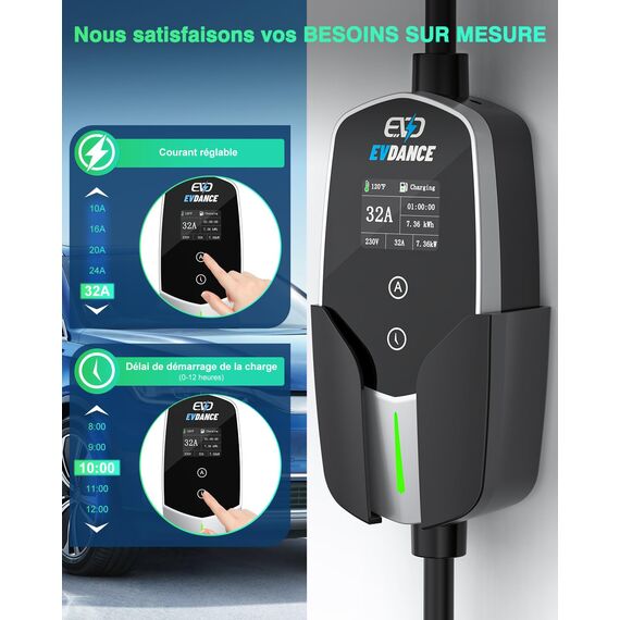 EVDANCE Typ 2 Ladekabel mit CEE Stecker [7.36kW, 1 Phase, 6.1m, 10A-32A] IP66 Wasserdicht, Tragbares EV-Ladekabel und Mobile Wallbox Ladestation für Elektroauto & Hybrid(PHEV/EV), Silber