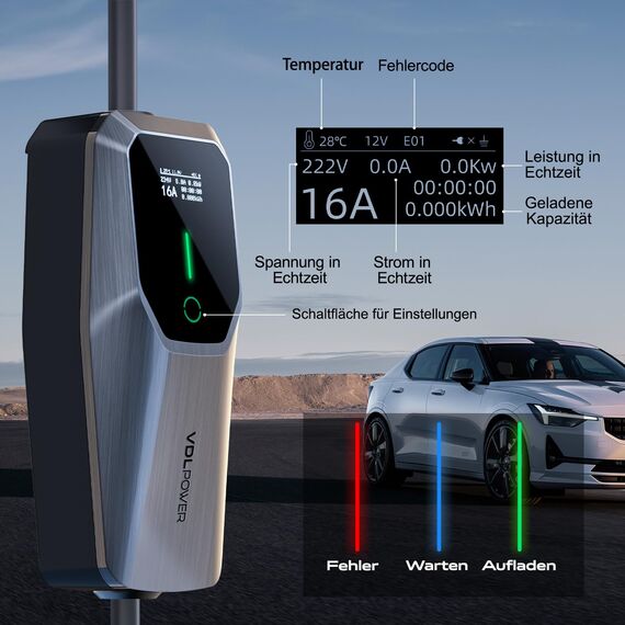VDLPOWEREU Mobile Wallbox 11kW Typ 2 Ladekabel 6-16A | 5m Mobile Ladestation mit Adapter, 3-phasig CEE EV Ladegerät Einstellbarer Strom und Einstellung Startzeit für Allen Elektrofahrzeugen EV PHEV