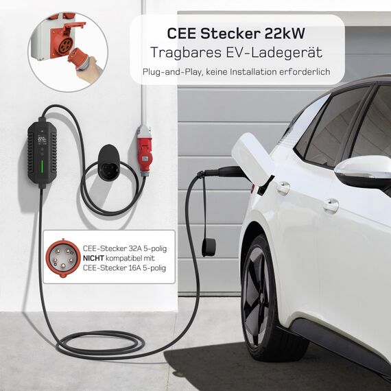 dé Mobile Wallbox/Ladestation 22kW [3-phasig|10m|6-32A] mit stromzähler, Ladekabel CEE 32A auf Typ 2 und EV Ladegerät für Model Y/3, ID.3/4/5, MG4, EX30, e-up, e-tron, Zoe und andere EV/PHEV