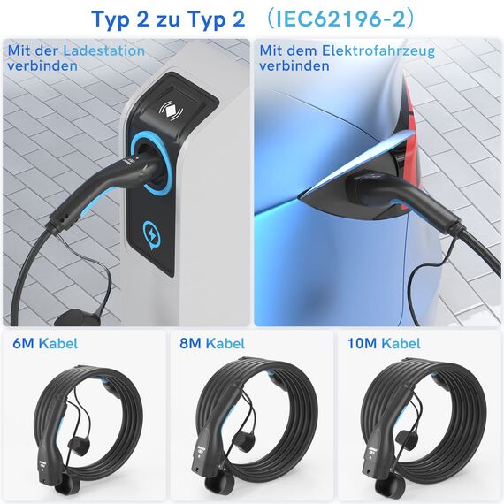 EVDANCE Typ 2 Ladekabel für EV, 22kW 32A 10m 3-Phasen Elektroauto-Ladekabel mit Tasche, Typ 2 zu Typ 2 EV/PHEV Ladekabel Auto, IP65 Wasserdicht (IEC 62196-2)