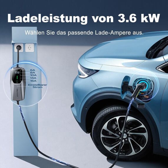 VDLPOWEREU Ladekabel Typ 2, 3.6KW /15M LadekabelElektroauto, 6A-16A LED-Anzeige Tragbare EV Ladegerät, Typ 2 Ladekabel für Elektrofahrzeuge mit Einphasigem EU-Schuko, IP65(Norm IEC 62196-2)