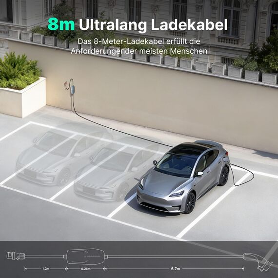 WISSENERGY Mobile Wallbox/Ladestation 11kW mit CEE Stecker, 8m | 3-phasig | 6-16A | Typ 2 Ladekabel EV Ladegerät für Allen EVs & PHEVS, IEC 62196-2, IP66