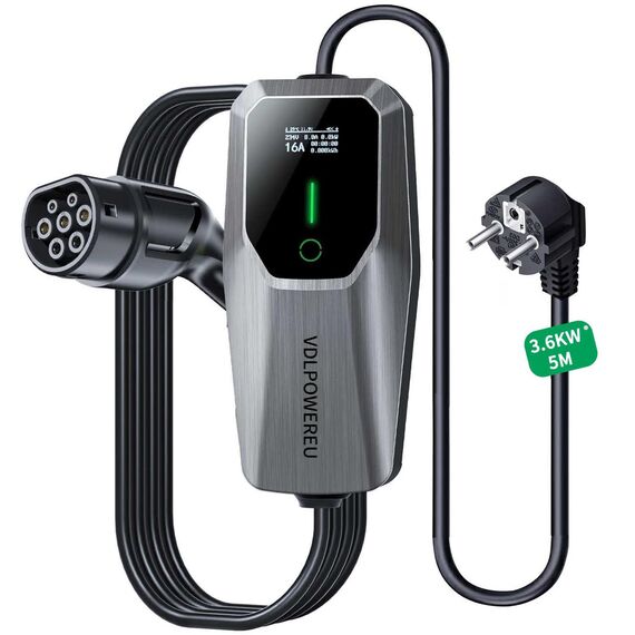 VDLPOWEREU Typ 2 Ladekabel, 3.6KW Ladekabel Elektroauto Typ 2 mit Schuko, 5M 16A Tragbare EV Ladegerät, LadekabelEV Auto, IP65 (IEC 62196-2)，Kompatibel mit MG4, Peugeot, Tesla, e-208