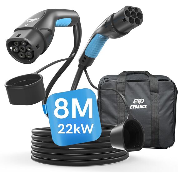 EVDANCE Typ 2 Ladekabel 22kW | 32A | 8m | 3-Phasig | Typ 2 auf Typ 2 | mit Tasche für E Auto EV/PHEV, Kompatibel mit 3/S/X/Y, i3, ID.3, ID.4, E-Tron, IONIQ 5, ZOE, Kona EV, 500e, EQC