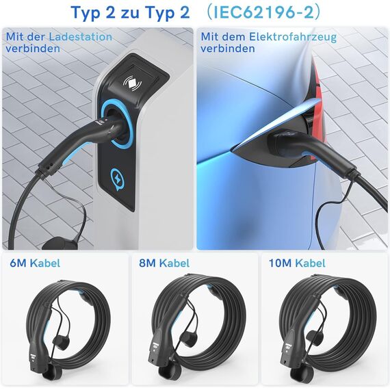 EVDANCE Typ 2 Ladekabel 22kW | 32A | 8m | 3-Phasig | Typ 2 auf Typ 2 | mit Tasche für E Auto EV/PHEV, Kompatibel mit 3/S/X/Y, i3, ID.3, ID.4, E-Tron, IONIQ 5, ZOE, Kona EV, 500e, EQC