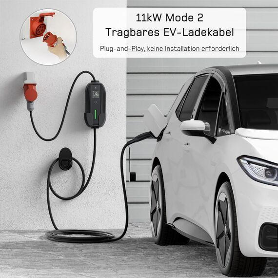 dé Mobile Wallbox/Ladestation 11kW [3-phasig|7m|6-16A] mit Einstellbarer Ladeleistung, Ladekabel CEE 16A auf Typ 2 und EV Ladegerät für Model Y/3, ID.3/4/5, MG4, EX30, e-up, e-tron, Zoe und andere EV