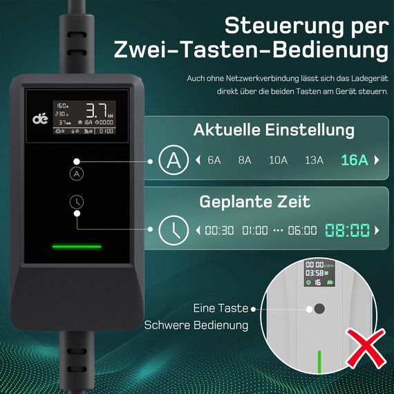 dé Typ 2 Ladekabel Schuko mit APP 3,7kW [5,5m, 6-16A, 1-phasig] Ladekabel Typ 2 Schuko mit Digitalem LCD - EV Charger 3,7kW für e Auto ID.3/4/5/7, Model Y/3, ENYAQ und Anderen PHEV/EV