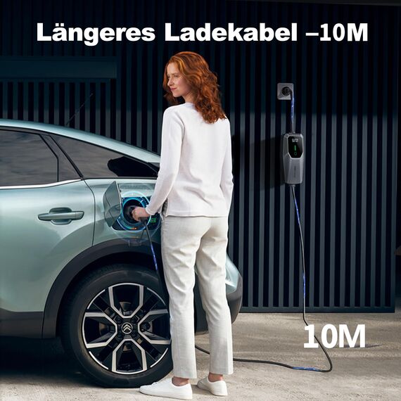 VDLPOWEREU Ladekabel Typ 2, 3.6KW /10M Ladestation Elektroauto Schuko, 6A-16A LED-Anzeige Tragbare EV Ladegerät, Typ 2 Ladekabel für Elektrofahrzeuge mit Einphasigem EU-Schuko, IP65(Norm IEC 62196-2)