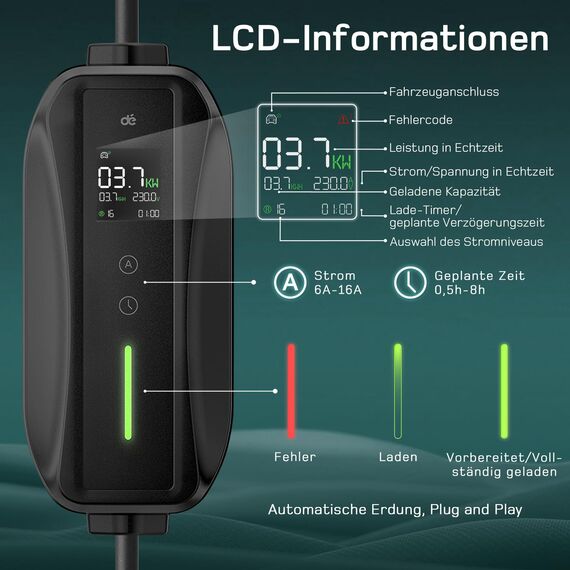 dé Ladekabel Typ 2 Schuko 3,68kW[1-phasig, 15m, 6-16A] EV Chargers mit Steuerbarer Digitalanzeige für Elektroauto, Ladekabel e Auto für Model 3/Y, ID.3, ID.4, ID.5, MG4, Q4, Gla und Anderen PHEV/EV