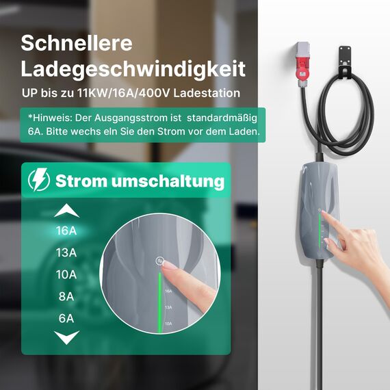 WISSENERGY Mobile Wallbox/Ladestation 11kW mit CEE Stecker, 8m | 3-phasig | 6-16A | Typ 2 Ladekabel EV Ladegerät für Allen EVs & PHEVS, IEC 62196-2, IP66