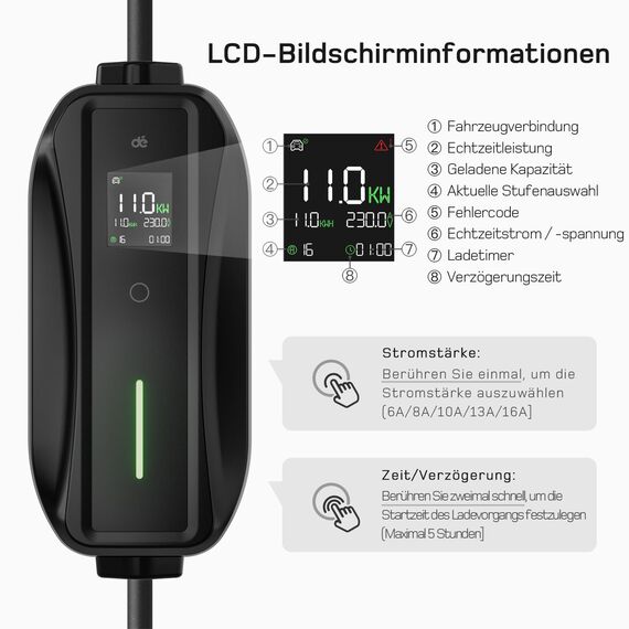 dé Mobile Wallbox/Ladestation 11kW [3-phasig|5,5m|6-16A] mit Einstellbarer Ladeleistung, Ladekabel CEE 16A auf Typ 2 und EV Ladegerät für Model Y/3, ID.3/4/5, MG4, EX30, e-up, e-tron und andere EV