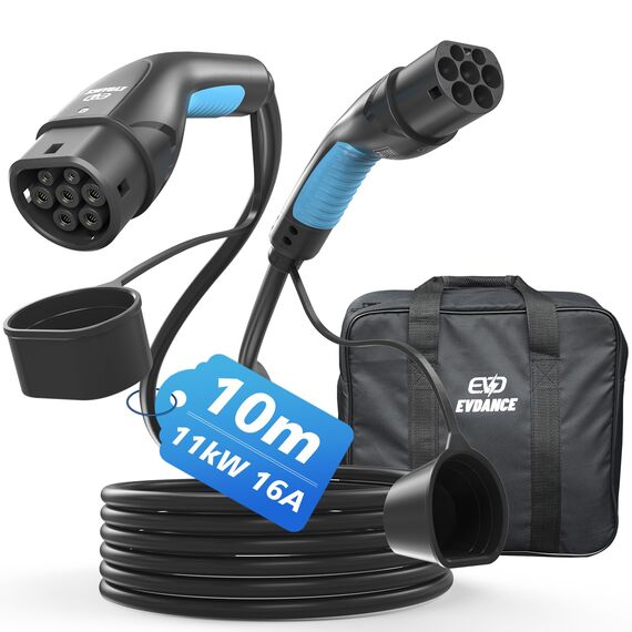 EVDANCE Typ 2 Ladekabel, 11kW / 16A / 3-Phasig / 10m / Modus 3, Elektroauto Typ 2 auf Typ 2 EV Ladekabel für EV/PHEV, mit Tragetasche