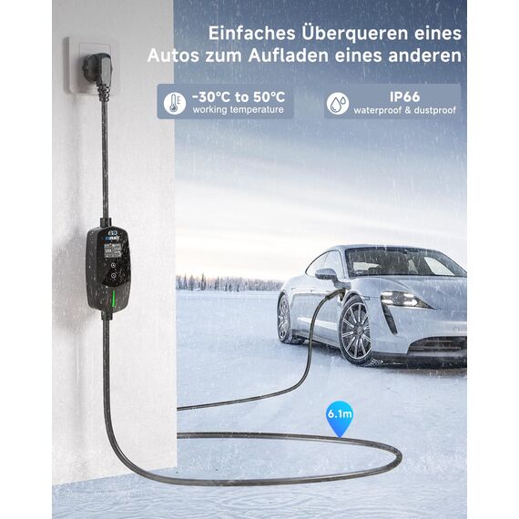EVDANCE Typ 2 Ladekabel Schuko 3.68kW [1-phasig, 6.1m, 6-16A] Ladekabel Elektroauto mit 0-12h Zeitverzögerung Typ 2 Schuko für Elektroauto & Hybrid (PHEV/EV)