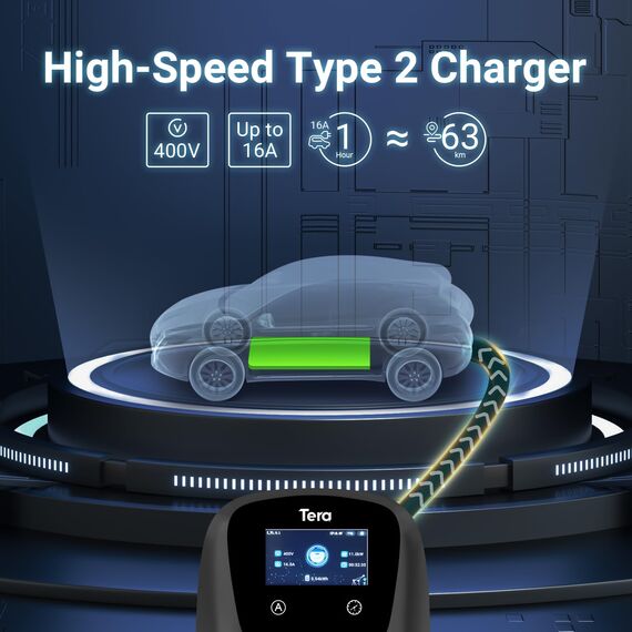 Tera Smart EV Ladegerät Typ 2 Wallbox mit APP 11kW 16A 400V CE&TÜV mit Wlan & Bluetooth 7m Ladekabel mit Ladegerätehalter Heim Wallbox CEE 3-Phasen Stecker für EVs & PHEV W01 Schwarz