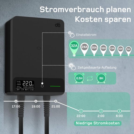 dé Wallbox 22kW mit App und Stromzähler & 7,5m Typ 2 Ladekabel, 3-Phasen EV-Ladegerät (6-32A, 400V), für BEV/PHEV, RCD Typ-B & IP54-Schutz, effiziente Ladestation für Zuhause, Schwarz