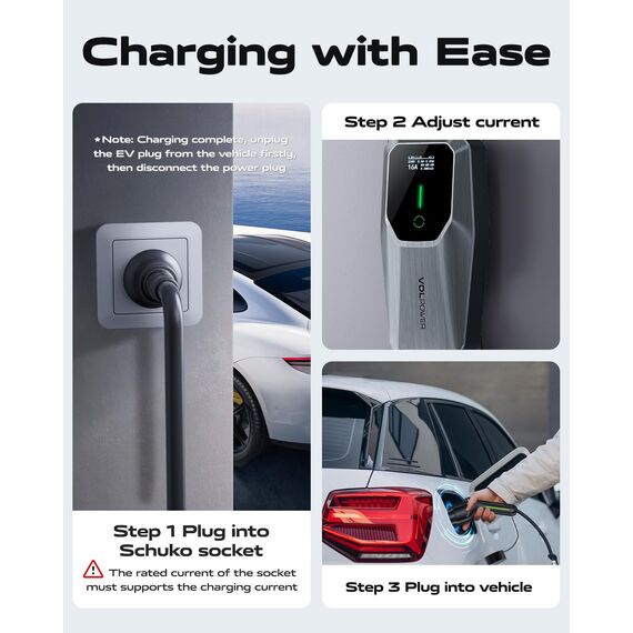 Ladekabel Typ 2, 3.68KW /5M Ladekabel Elektroauto, 6A-16A LED-Anzeige Tragbare EV Ladegerät, Typ 2 für Elektrofahrzeuge mit Einphasigem EU-Schuko, IP65(Norm IEC 62196-2)