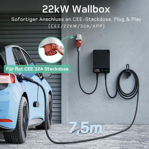 dé Wallbox 22kW mit App und Stromzähler & 7,5m Typ 2 Ladekabel, 3-Phasen EV-Ladegerät (6-32A, 400V), für BEV/PHEV, RCD Typ-B & IP54-Schutz, effiziente Ladestation für Zuhause, Schwarz