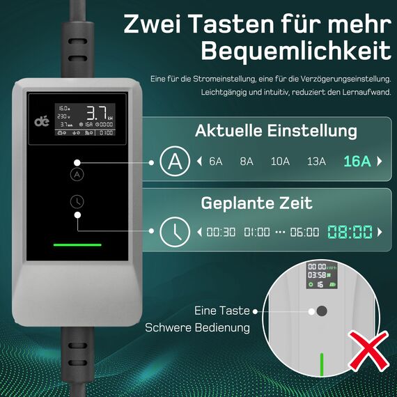 dé Typ 2 Ladekabel Schuko mit APP 3,7kW [10m, 6-16A, 1-phasig] Ladekabel Typ 2 Schuko mit Digitalem LCD - EV Charger 3,7kW Weiß für e Auto ID.3/4/5/7, Model Y/3, ENYAQ und Anderen PHEV/EV