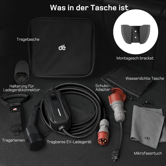 dé Mobile Wallbox/Ladestation 11kW [3-phasig|10m|6-16A] mit Einstellbarer Ladeleistung, Ladekabel CEE 16A auf Typ 2 und EV Ladegerät für Model Y/3, ID.3/4/5, MG4, EX30, e-up, e-tron, Zoe und andere EV