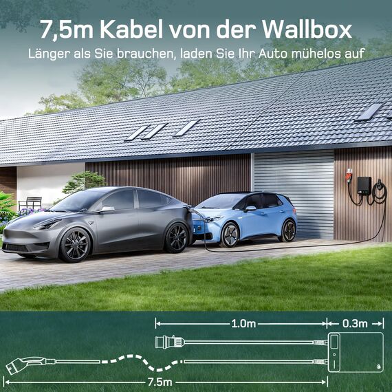 dé Wallbox 22kW mit App und Stromzähler & 7,5m Typ 2 Ladekabel, 3-Phasen EV-Ladegerät (6-32A, 400V), für BEV/PHEV, RCD Typ-B & IP54-Schutz, effiziente Ladestation für Zuhause, Schwarz