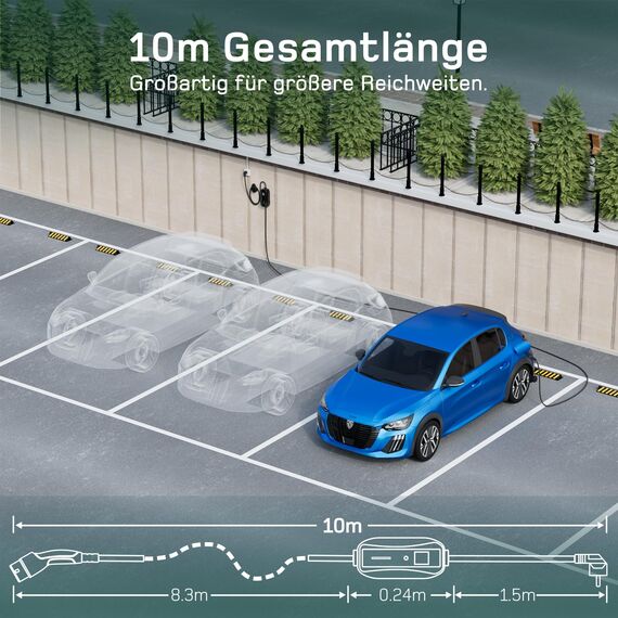 dé Ladekabel Typ 2 Schuko 3,68kW[1-phasig, 10m, 6-16A] EV Chargers mit Steuerbarer Digitalanzeige für Elektroauto, Ladekabel e Auto für Model 3/Y, ID.3, ID.4, ID.5, MG4, Q4, Gla und Anderen PHEV/EV