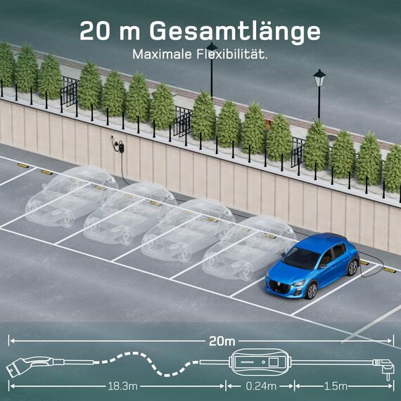dé Ladekabel Typ 2 Schuko 3,68kW[1-phasig, 20m, 6-16A] EV Chargers mit Steuerbarer Digitalanzeige für Elektroauto, Ladekabel e Auto für Model 3/Y, ID.3, ID.4, ID.5, MG4, Q4, Gla und Anderen PHEV/EV