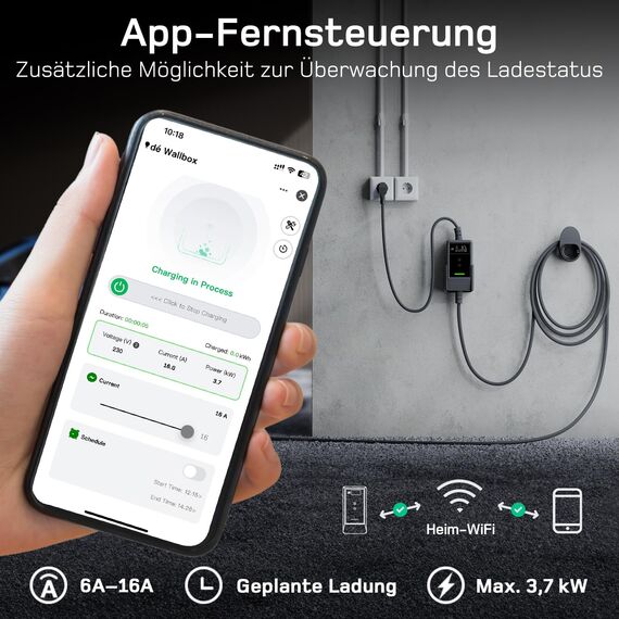 dé Typ 2 Ladekabel Schuko mit APP 3,7kW [7m, 6-16A, 1-phasig] Ladekabel Typ 2 Schuko mit Digitalem LCD - EV Charger 3,7kW für e Auto ID.3/4/5/7, Model Y/3, ENYAQ und Anderen PHEV/EV