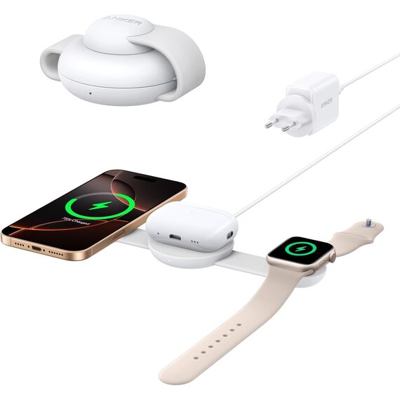 Anker MagGo 3-in-1 Kabellose Ladestation (mit EU/US/UK Stecker), MagSafe-Kompatibles Qi2-Zertifiziertes 15W Ladegerät, Faltbares Reise-Ladepad für iPhone 17/16, AirPods, Apple Watch (Keine Powerbank)