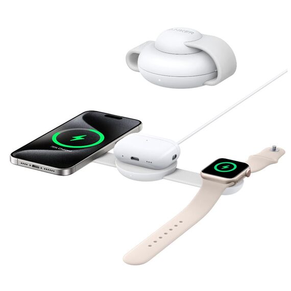 Anker MagGo 3-in-1 Kabellose Ladestation (mit EU/US/UK Stecker), MagSafe-Kompatibles Qi2-Zertifiziertes 15W Ladegerät, Faltbares Reise-Ladepad für iPhone 17/16, AirPods, Apple Watch (Keine Powerbank)