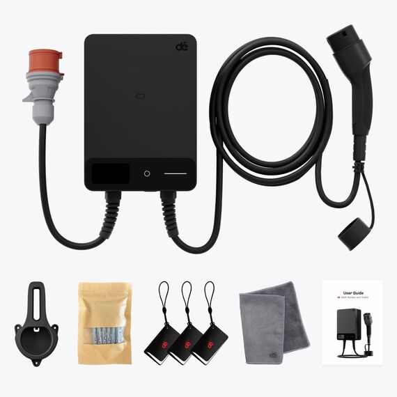 dé Wallbox 11kW mit APP, 15m Typ 2 Ladekabel mit Kabelhalter, 3-Phasen EV-Ladegerät (6-16A, 400V), für BEV/PHEV, RCD Typ-B & IP54-Schutz, effiziente Ladestation für Zuhause, Schwarz