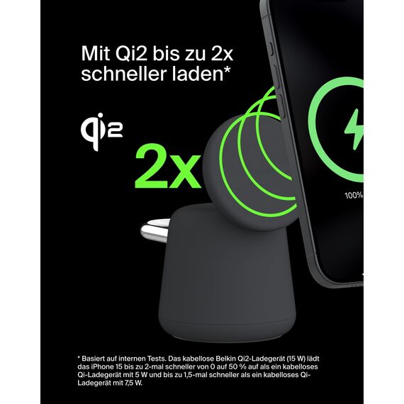Belkin BoostCharge Pro Kabellose 2-in-1-Ladestation mit Qi2, 15W, MagSafe-Kompatibles Ladegerät für iPhone 17, Air, Pixelsnap, Apple Watch, AirPods, andere Qi2-Geräte, inklusive Netzteil – Schwarz