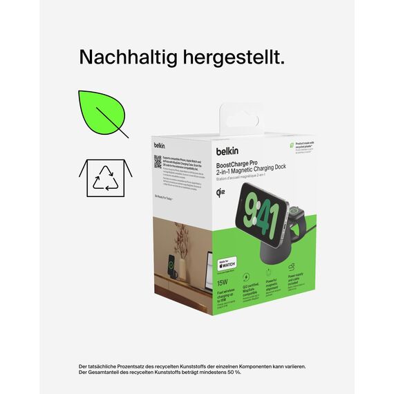 Belkin BoostCharge Pro Kabellose 2-in-1-Ladestation mit Qi2, 15W, MagSafe-Kompatibles Ladegerät für iPhone 17, Air, Pixelsnap, Apple Watch, AirPods, andere Qi2-Geräte, inklusive Netzteil – Schwarz