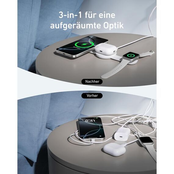 Anker MagGo 3-in-1 Kabellose Ladestation (mit EU/US/UK Stecker), MagSafe-Kompatibles Qi2-Zertifiziertes 15W Ladegerät, Faltbares Reise-Ladepad für iPhone 17/16, AirPods, Apple Watch (Keine Powerbank)
