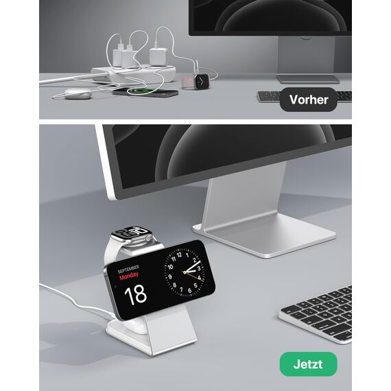 Mag-Safe Ladestation 3 IN 1, Ladegerät kompatibel mit App1e Watch und iPh0ne, Induktive Ladestation auch geeignet für Airp0ds Pro 3 2, Kabelloses Ladegerät für iPh0ne 16 15 14 13 12 Serie(Silber)