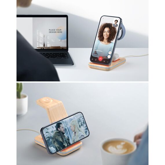 GEEKERA Wireless Charger, 3 in 1 Induktive Ladestation für iPhone Air/17/16/15/14/13/12/11/Pro Max, Ladestation für Apple Watch Ultra 3-1/11-2/SE, Kabelloses Ladegerät für AirPods Pro 3-2/4-2, Bambus