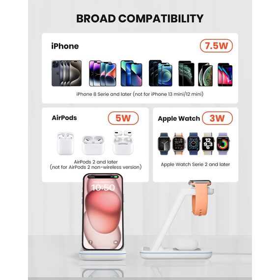 GEEKERA Wireless Charger, 3 in 1 Induktive Ladestation für iPhone Air/17/16/15/14/13/12/11/Pro Max, Ladestation für Apple Watch Ultra 3-1/11-2/SE, Kabelloses Ladegerät für AirPods Pro 3-2/4-2, Weiß