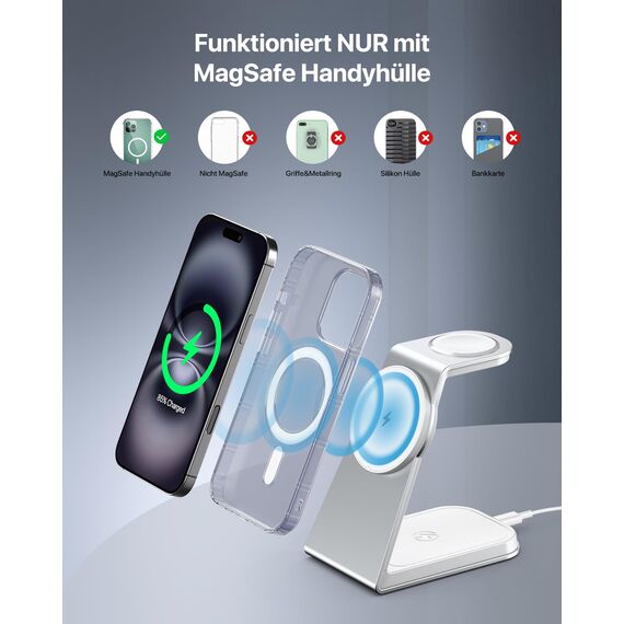 Mag-Safe Ladestation 3 IN 1, Ladegerät kompatibel mit App1e Watch und iPh0ne, Induktive Ladestation auch geeignet für Airp0ds Pro 3 2, Kabelloses Ladegerät für iPh0ne 16 15 14 13 12 Serie(Silber)