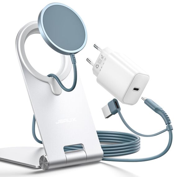 JSAUX Mag-Safe Ladestation iPhone, 15W Schnelles Wireless Charger mit 20W PD Adapter und Metallständer Kompatibel mit MagSafe-Ladegerät, iPhone 17 Air Pro Max/iPhone 16/15/14 13 12 Serie, Blau