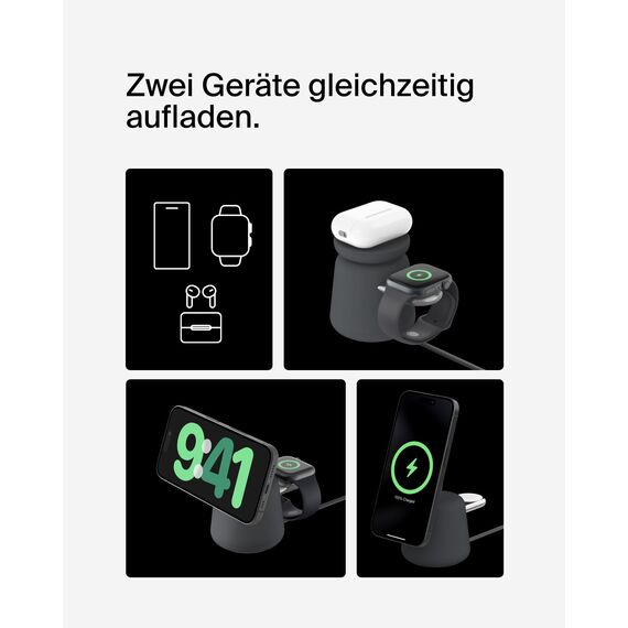 Belkin BoostCharge Pro Kabellose 2-in-1-Ladestation mit Qi2, 15W, MagSafe-Kompatibles Ladegerät für iPhone 17, Air, Pixelsnap, Apple Watch, AirPods, andere Qi2-Geräte, inklusive Netzteil – Schwarz